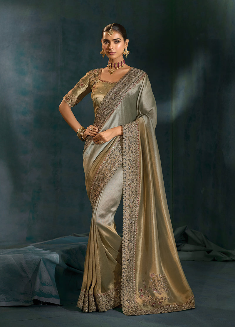 Grey silk blend saree with heavy mirror and Cutdana embroidery