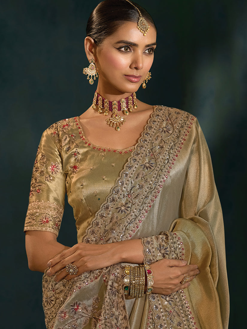 Grey Silk Blend Saree with Heavy Mirror and Moti Work