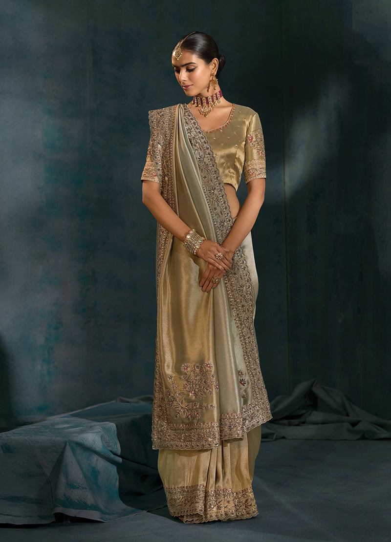 Grey Silk Blend Saree with Heavy Mirror and Moti Work