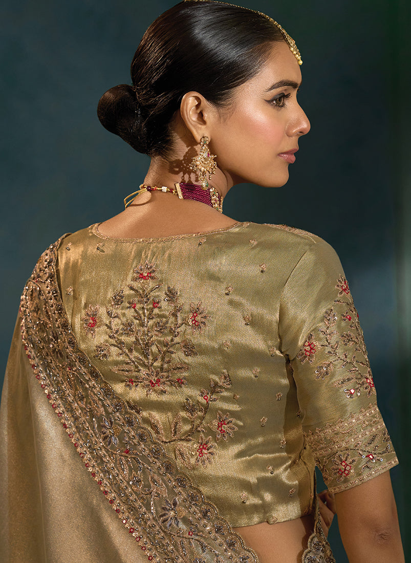Grey Silk Blend Saree with Heavy Mirror and Moti Work