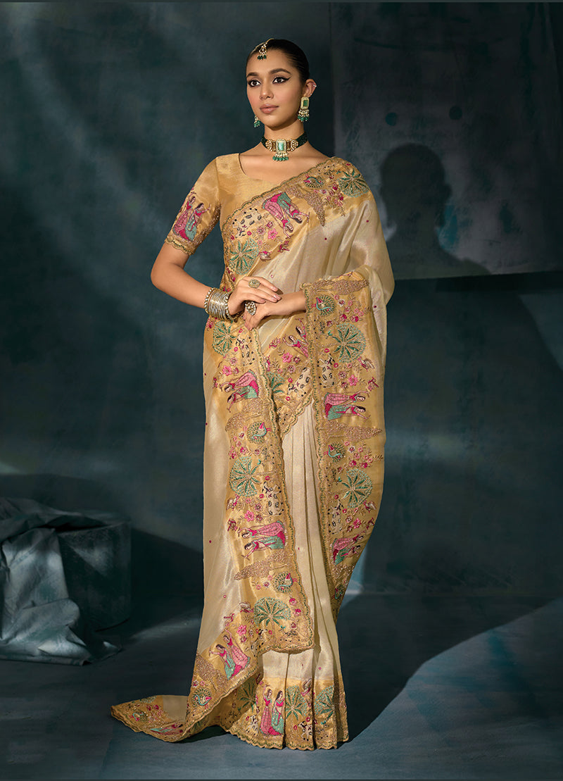 Cream Silk Blend Saree with Heavy Cutdana and Mirror Work