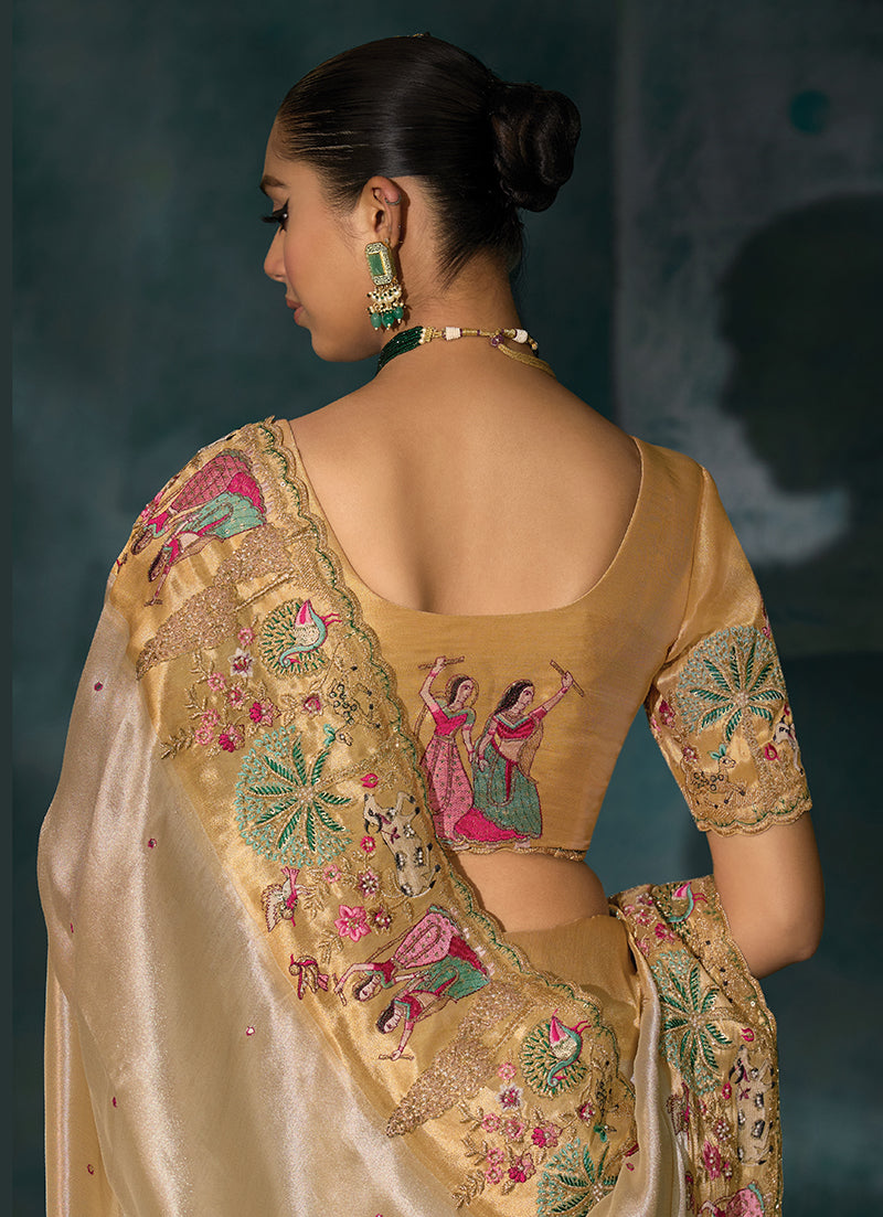 Cream Silk Blend Saree with Heavy Cutdana and Mirror Work