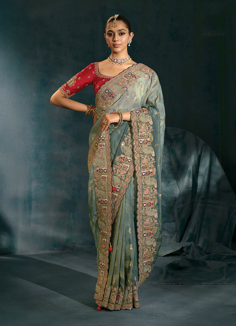 Grey Crepe Saree with Cutdana Moti and Zarkan Border Work