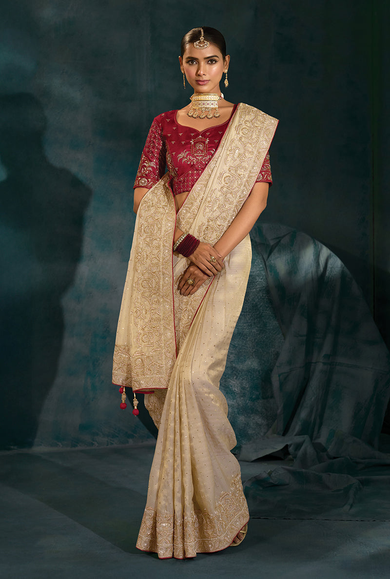 Monjolika Fashion Cream Color Silk Blend With Cutdana Moti Zari Heavy Work Beautiful Border Saree