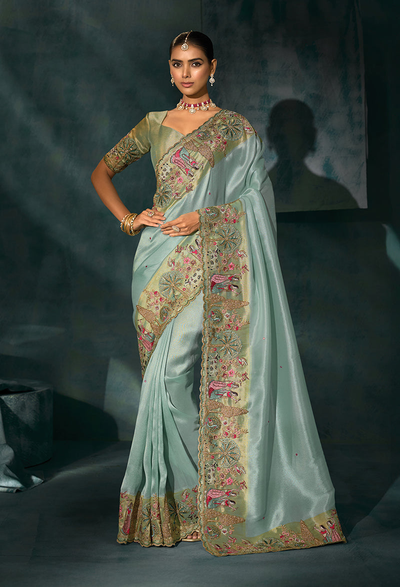 Monjolika Fashion Beige Color Silk Blend With Cutdana Moti Jardoshi Heavy Work Beautiful Border Saree