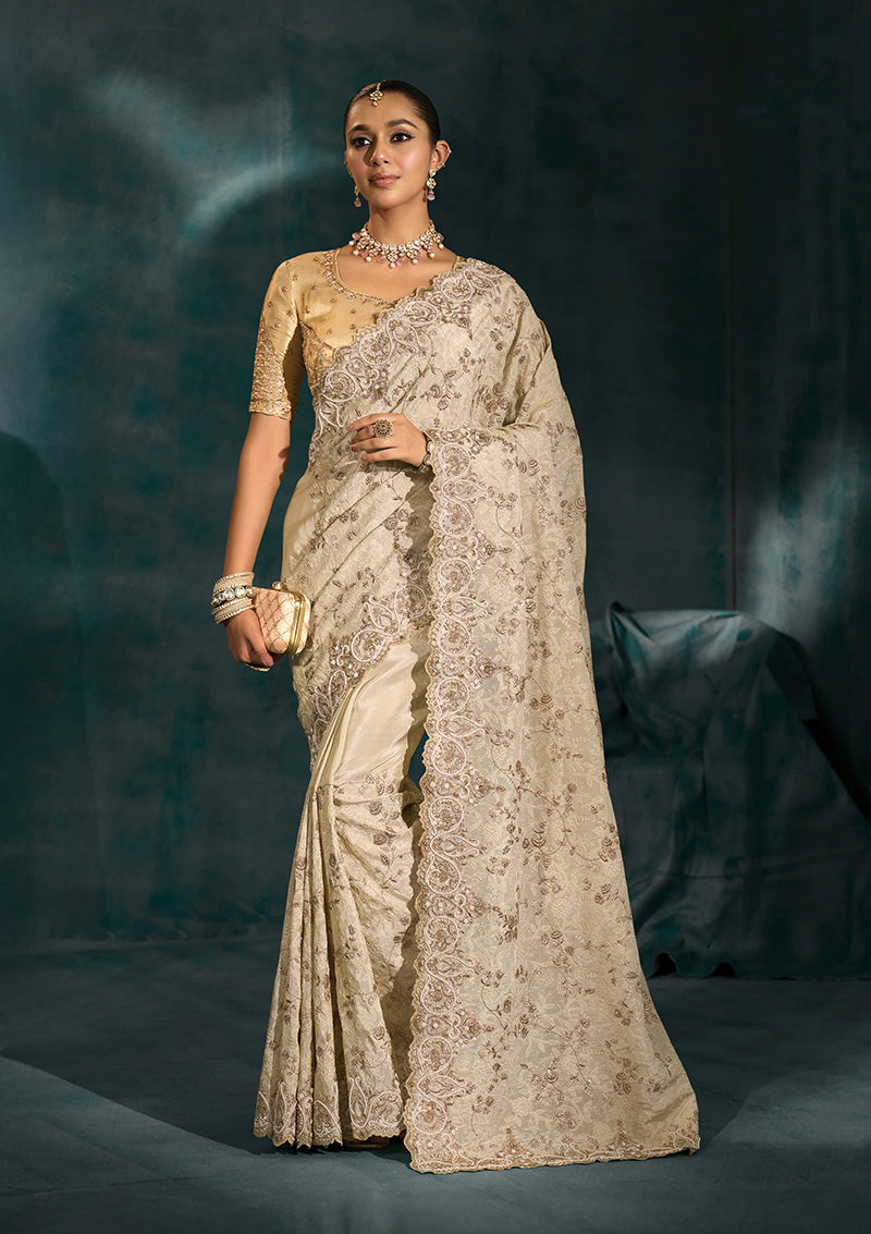 Monjolika Fashion Sky Blue With Cutdana Moti & Mirror Work Color Silk Blend Beautiful Border Saree