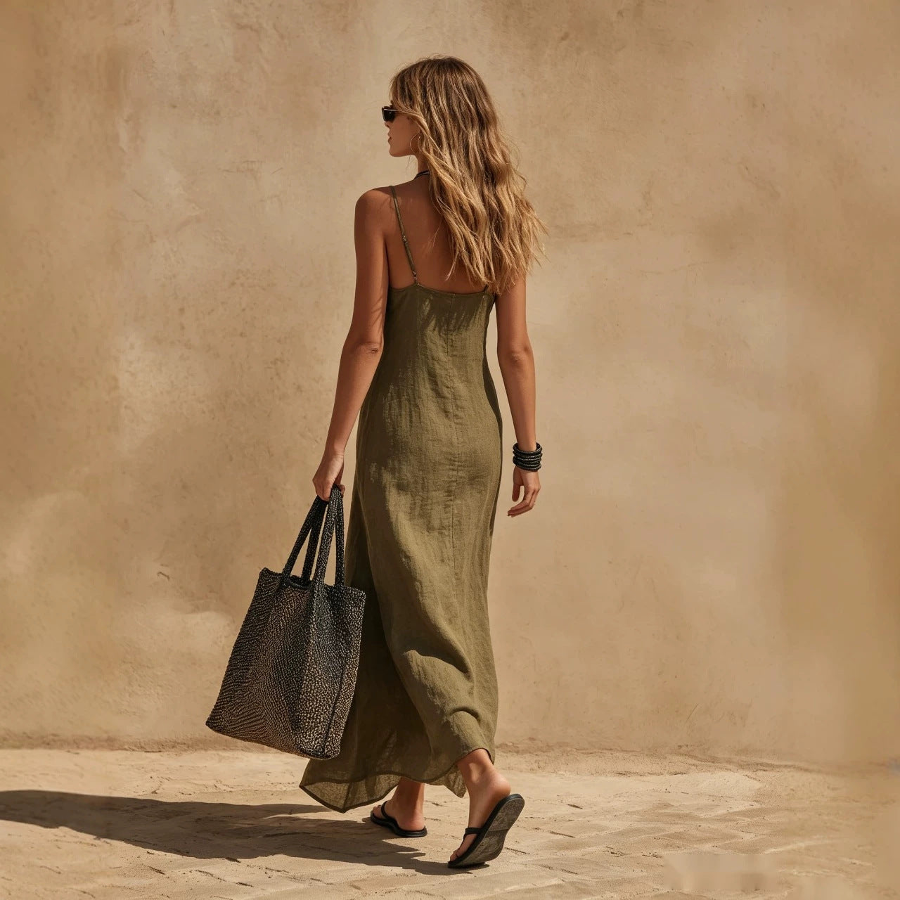 Women's Minimalist Sleeveless Maxi Slip Dress in Olive Green - Image 2