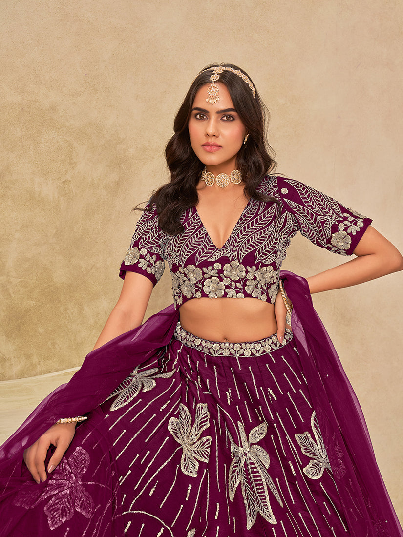 Monjolika Fashion Wine Embroidered Art Silk Reception Trendy Lehenga Choli