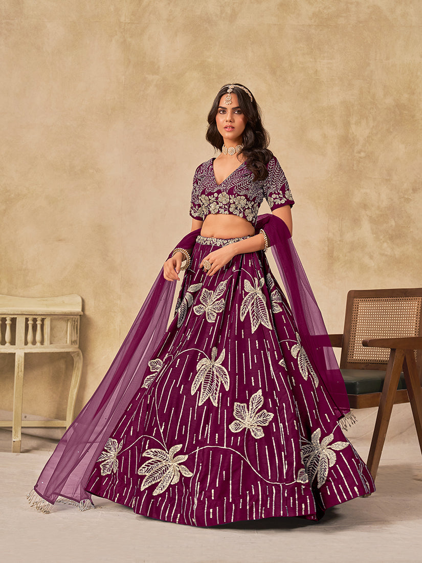 Wine art silk lehenga choli with intricate embroidery for wedding reception events