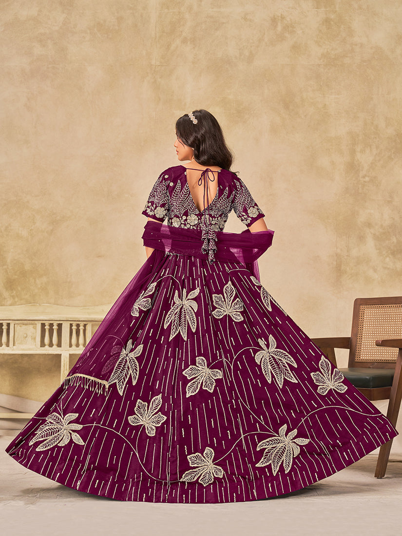 Monjolika Fashion Wine Embroidered Art Silk Reception Trendy Lehenga Choli