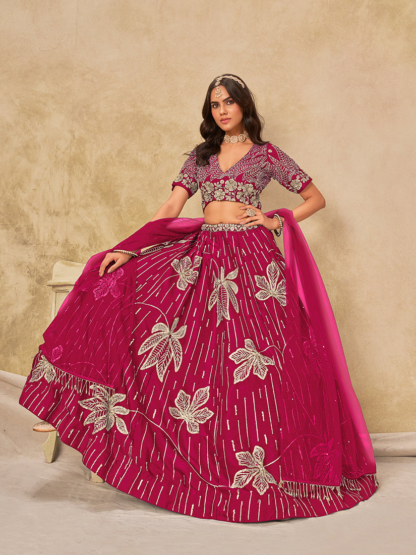 Monjolika Fashion Hot Pink Embroidered Art Silk Reception Trendy Lehenga Choli