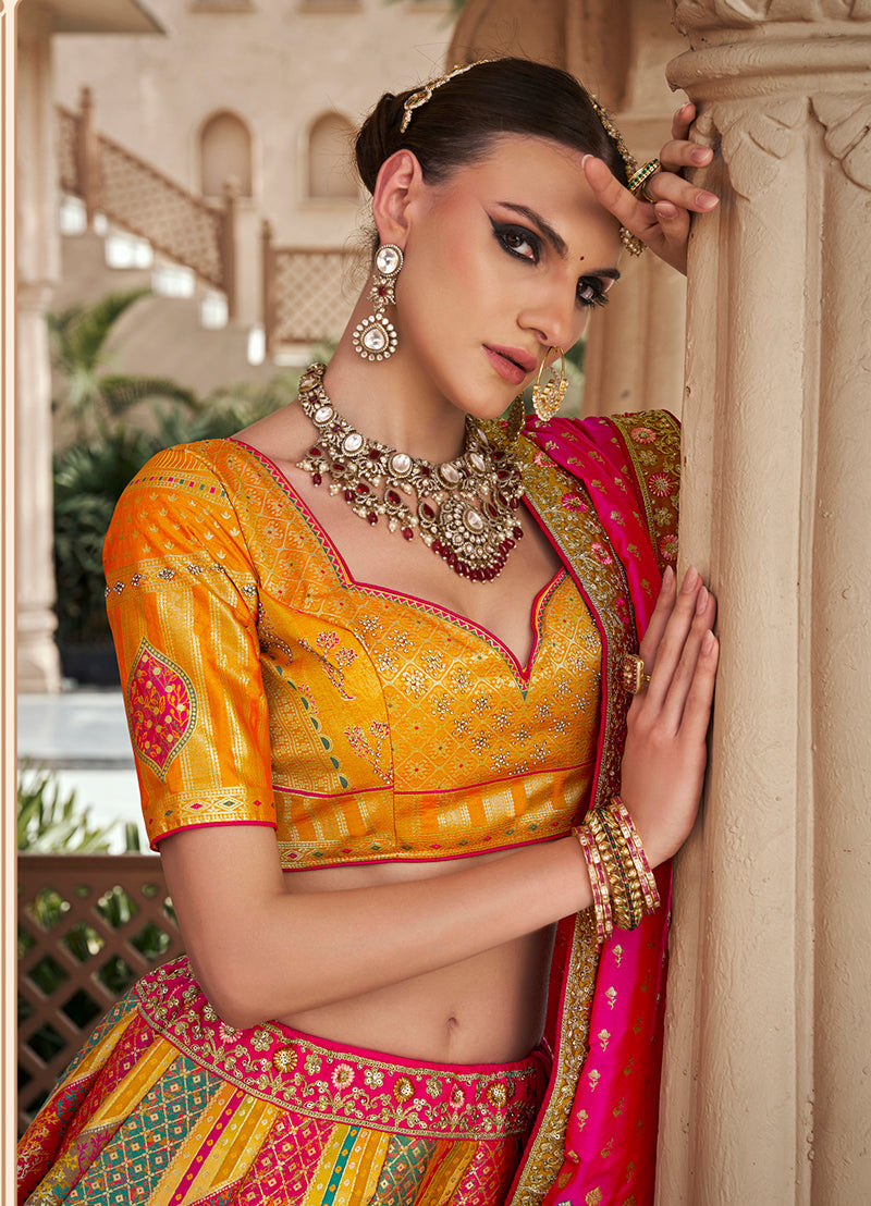 Multicolor Banarasi Silk Designer Lehenga with Zarkan and Cutwork