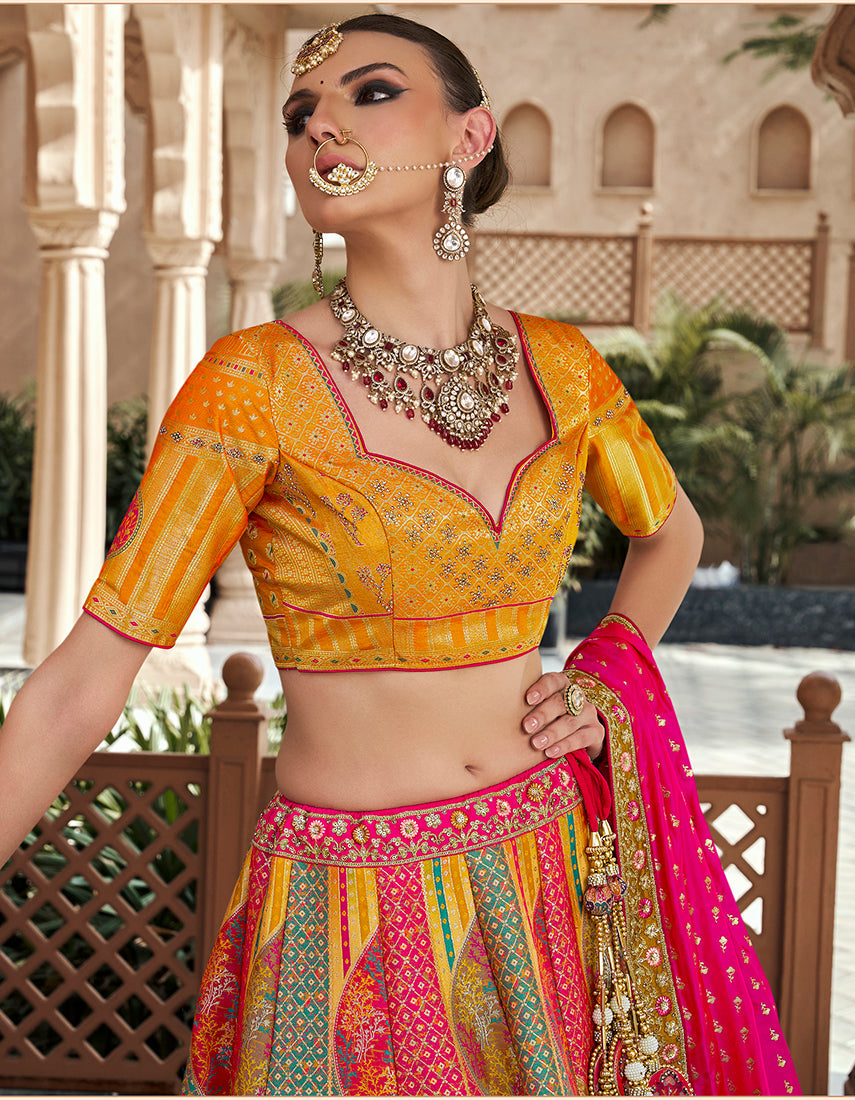 Multicolor Banarasi Silk Designer Lehenga with Zarkan and Cutwork