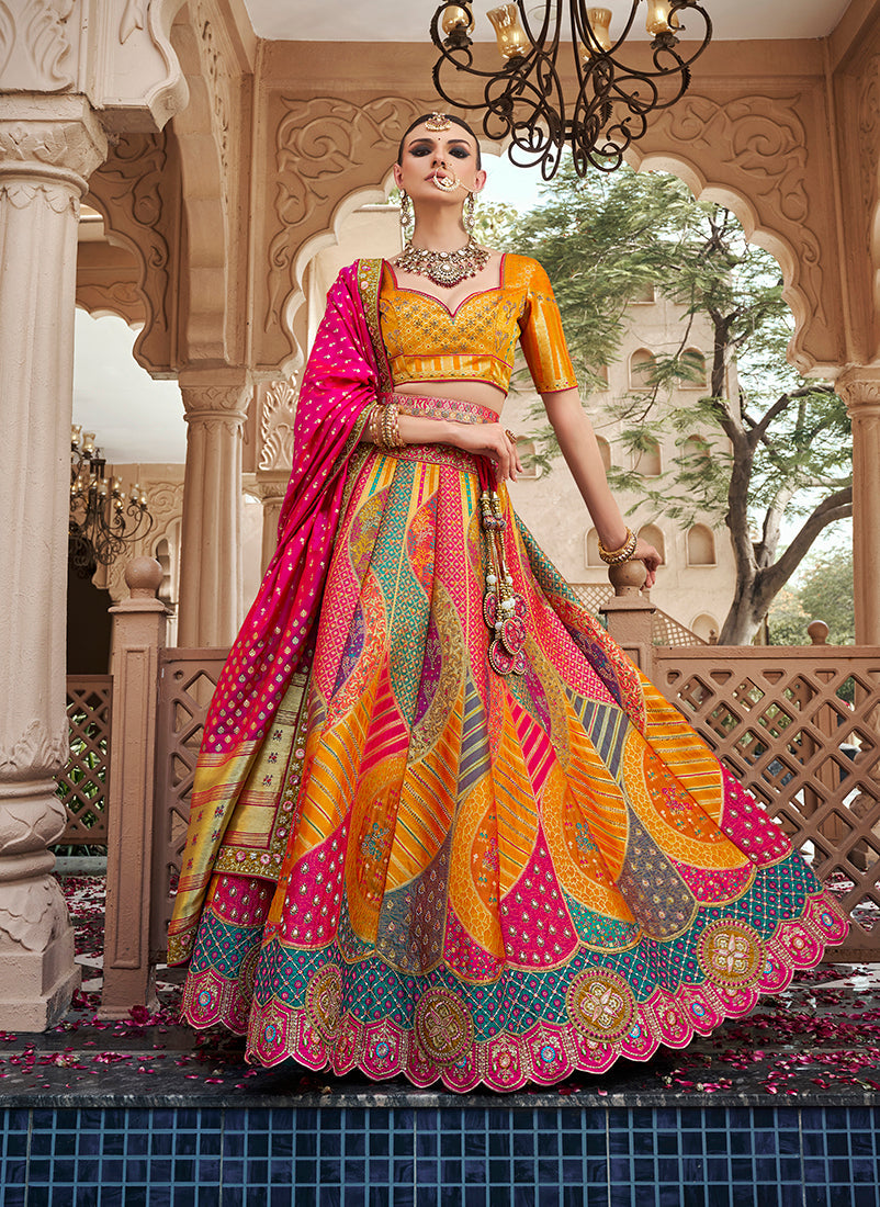 Multicolor premium Banarasi silk wedding lehenga with zarkan and cut-dana embroidery