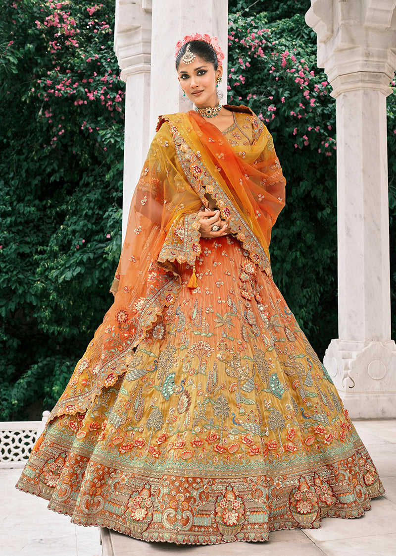 Rust Orange and Mustard Yellow Silk Bridal Lehenga with Embroidery