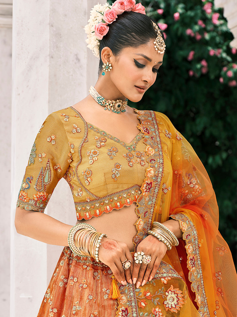Rust Orange and Mustard Yellow Silk Bridal Lehenga with Embroidery