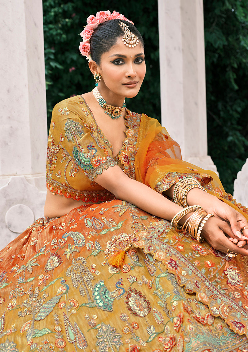 Rust Orange and Mustard Yellow Silk Bridal Lehenga with Embroidery