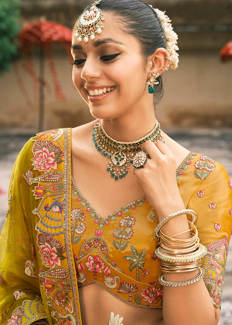 Monjolika Fashion Mustard Silk Bridal With Sequins And Moti Work Lehenga