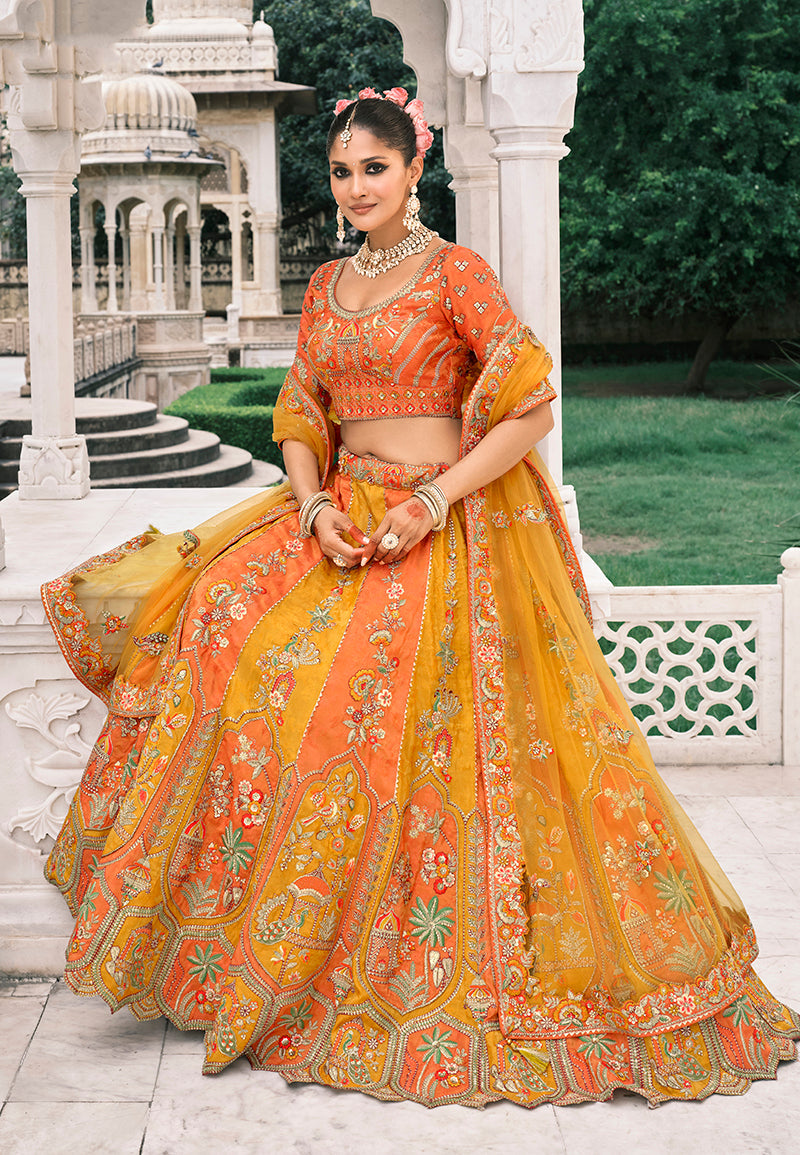 Monjolika Fashion Yellow And Orange Silk Bridal With Sequins Embroidery And Stone Work Lehenga