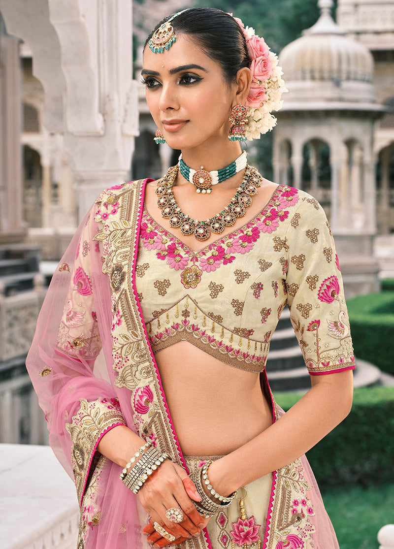 Monjolika Fashion Cream Silk Bridal With Sequins Embroidery And Stone Work Lehenga