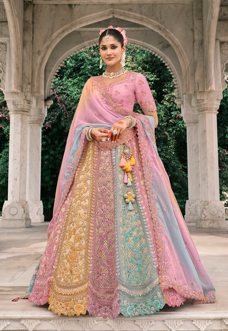 Monjolika Fashion Multicolor Silk Bridal With Thread Embroidery And Stone Work Lehenga