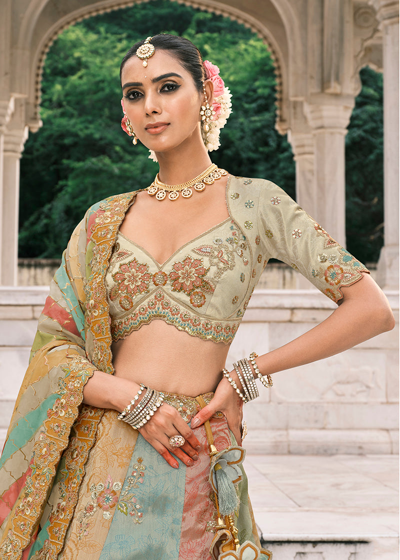Monjolika Fashion Multicolor Silk Bridal With Thread Embroidery And Sequins Work Lehenga