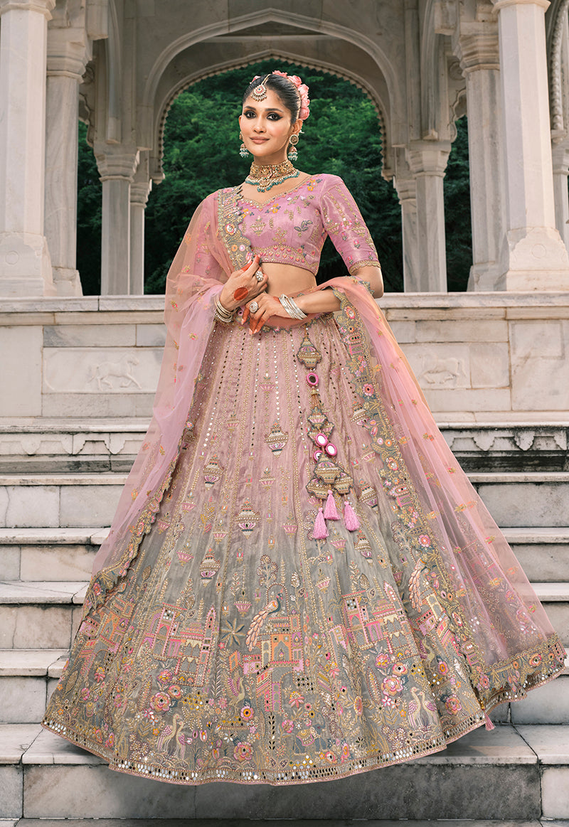 Monjolika Fashion Dusty Pink And Grey Silk Bridal With Thread And Moti Work Lehenga