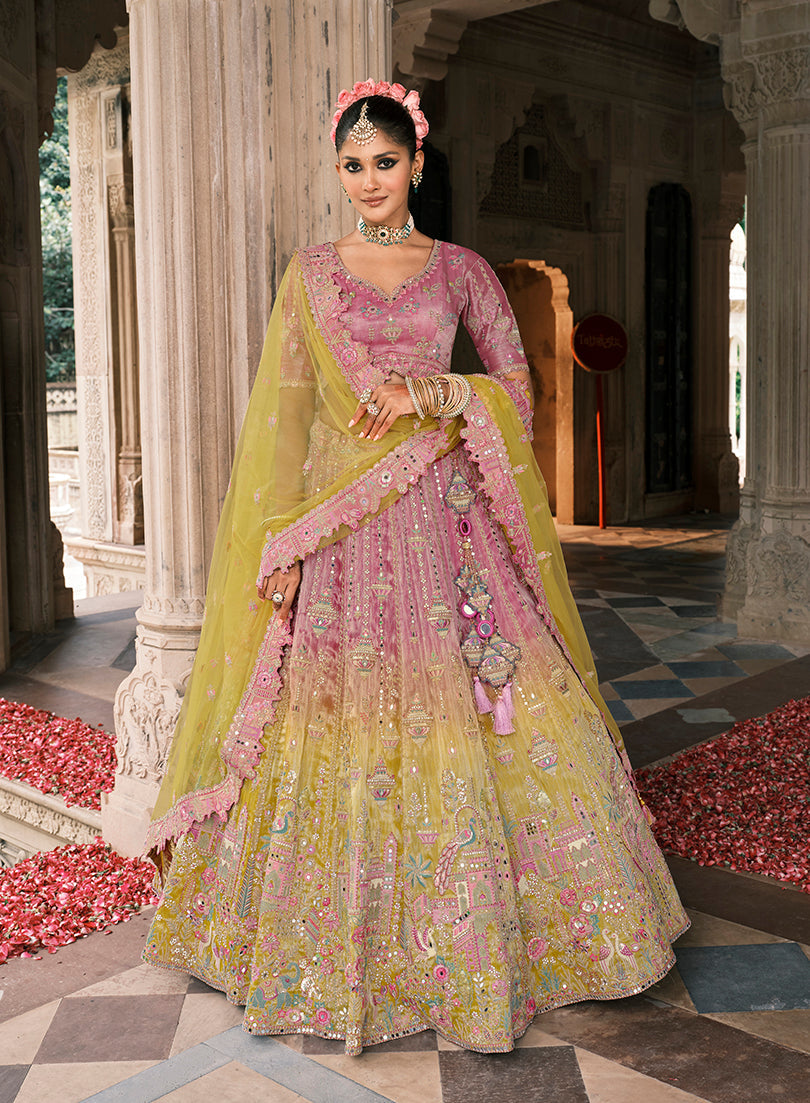Monjolika Fashion Onion Pink And Green Silk Bridal With Mirror And Resham Embroidery Lehenga