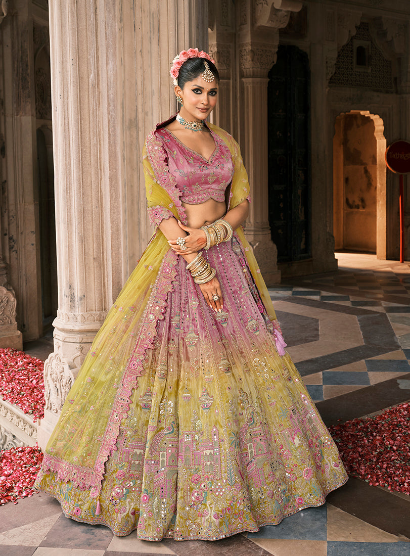 Monjolika Fashion Onion Pink And Green Silk Bridal With Mirror And Resham Embroidery Lehenga