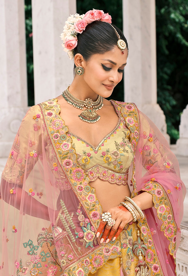 Monjolika Fashion Yellow Silk Bridal With Thread Embroidery And Stone Work Lehenga