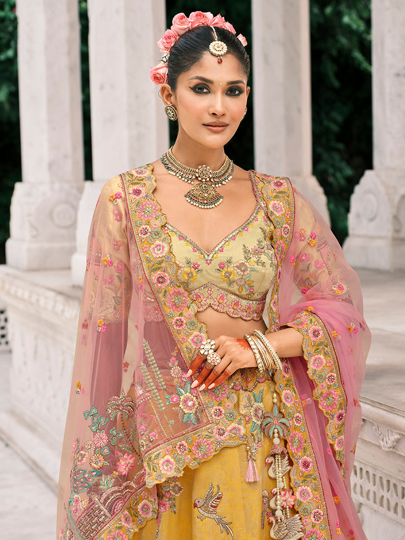 Monjolika Fashion Yellow Silk Bridal With Thread Embroidery And Stone Work Lehenga