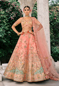 Peach silk bridal lehenga with thread embroidery and decorative stone work