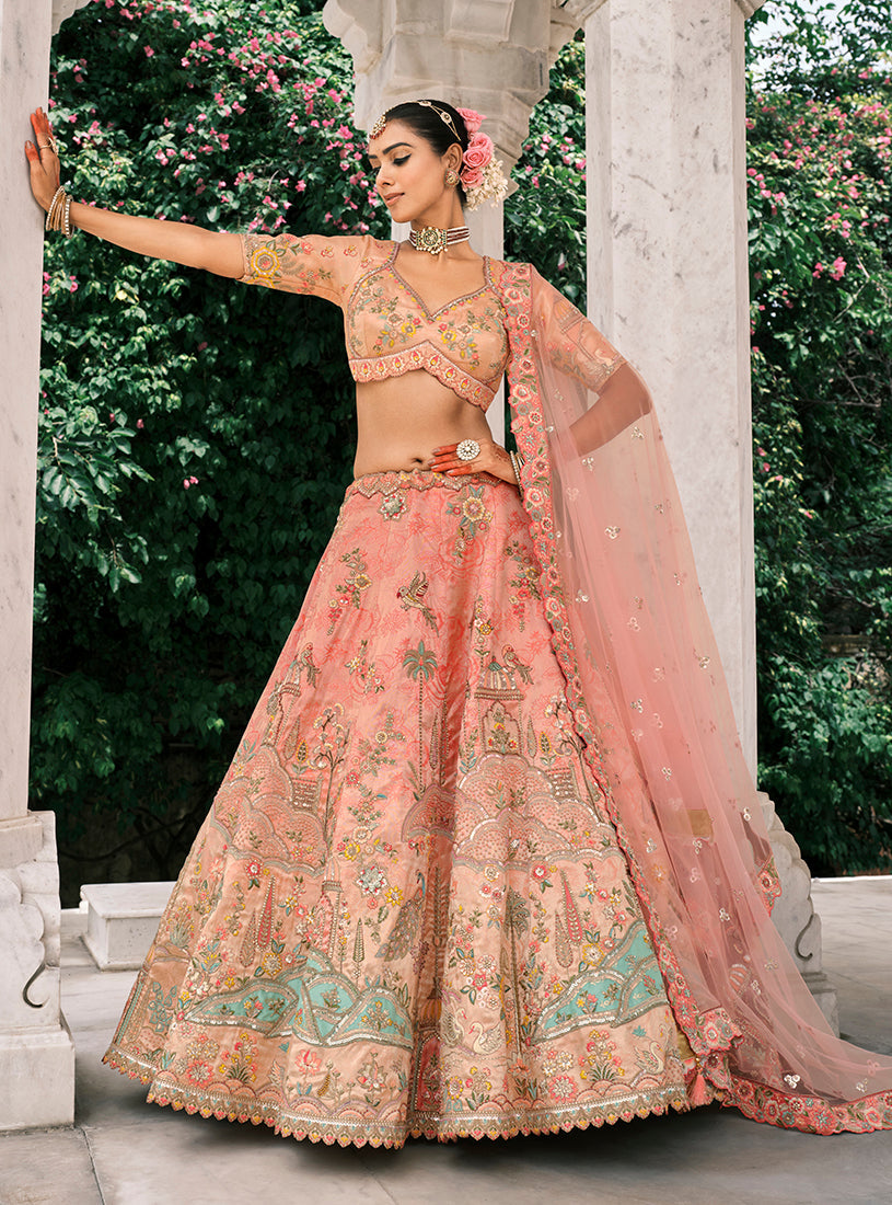 Peach Silk Bridal Lehenga with Thread Embroidery and Stone Work