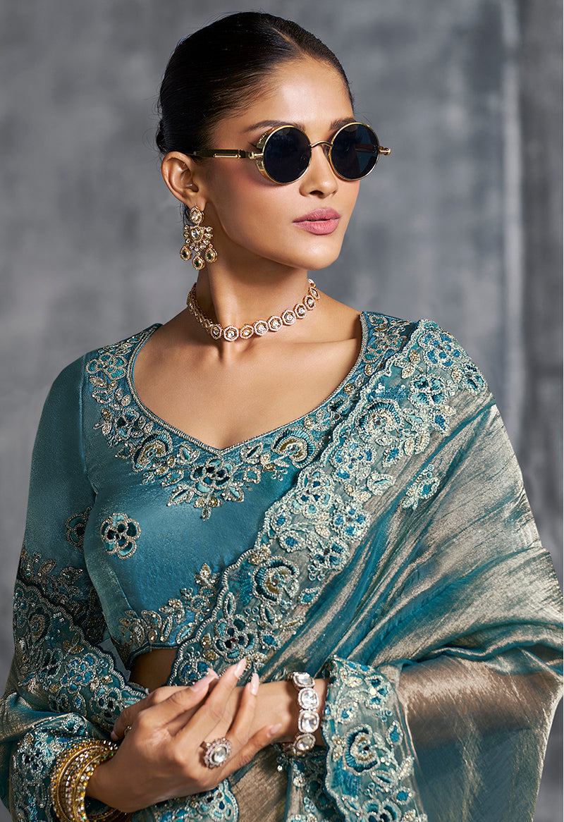 Teal Blue Tissue Traditional Saree with Resham and Thread Work