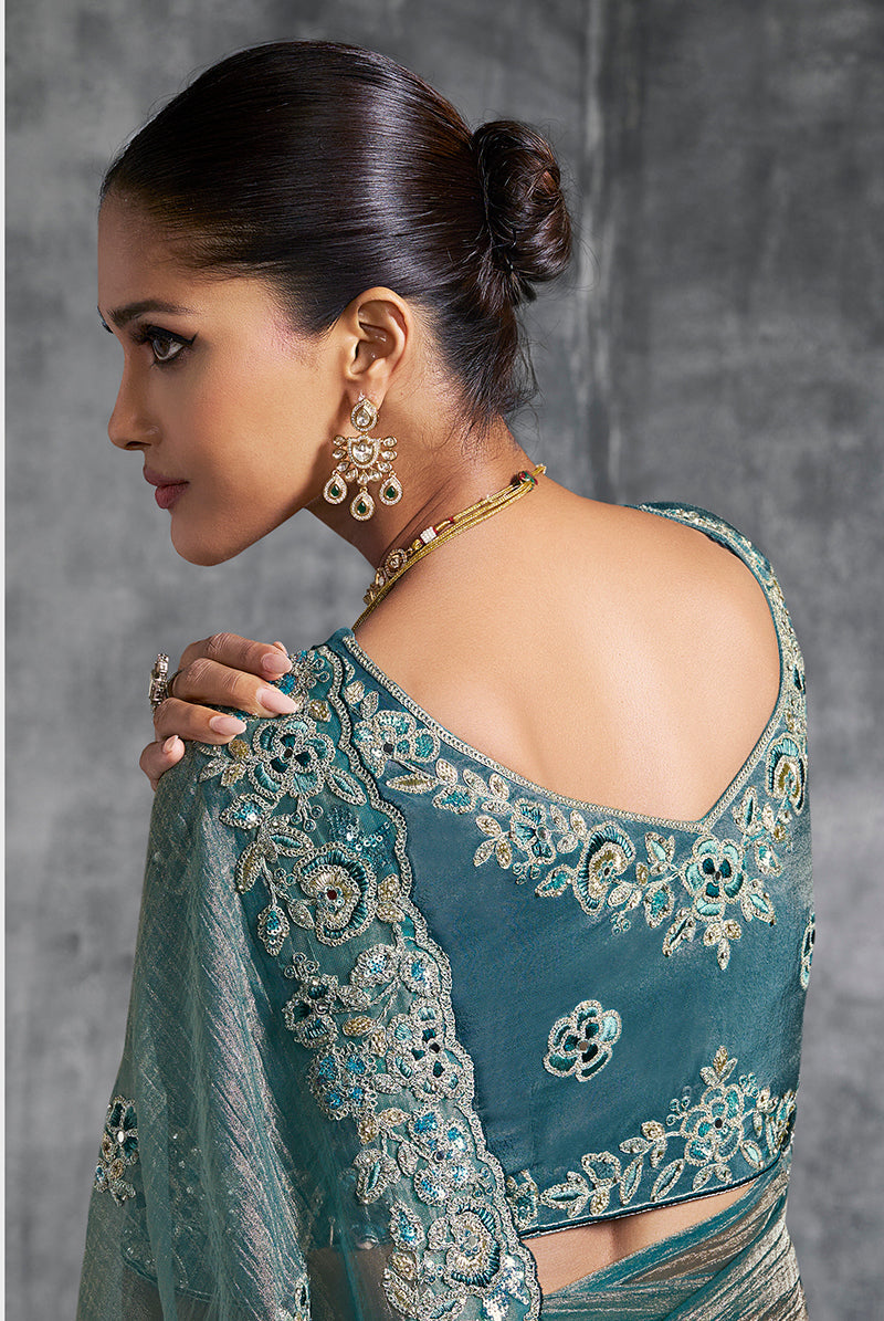 Teal Blue Tissue Traditional Saree with Resham and Thread Work