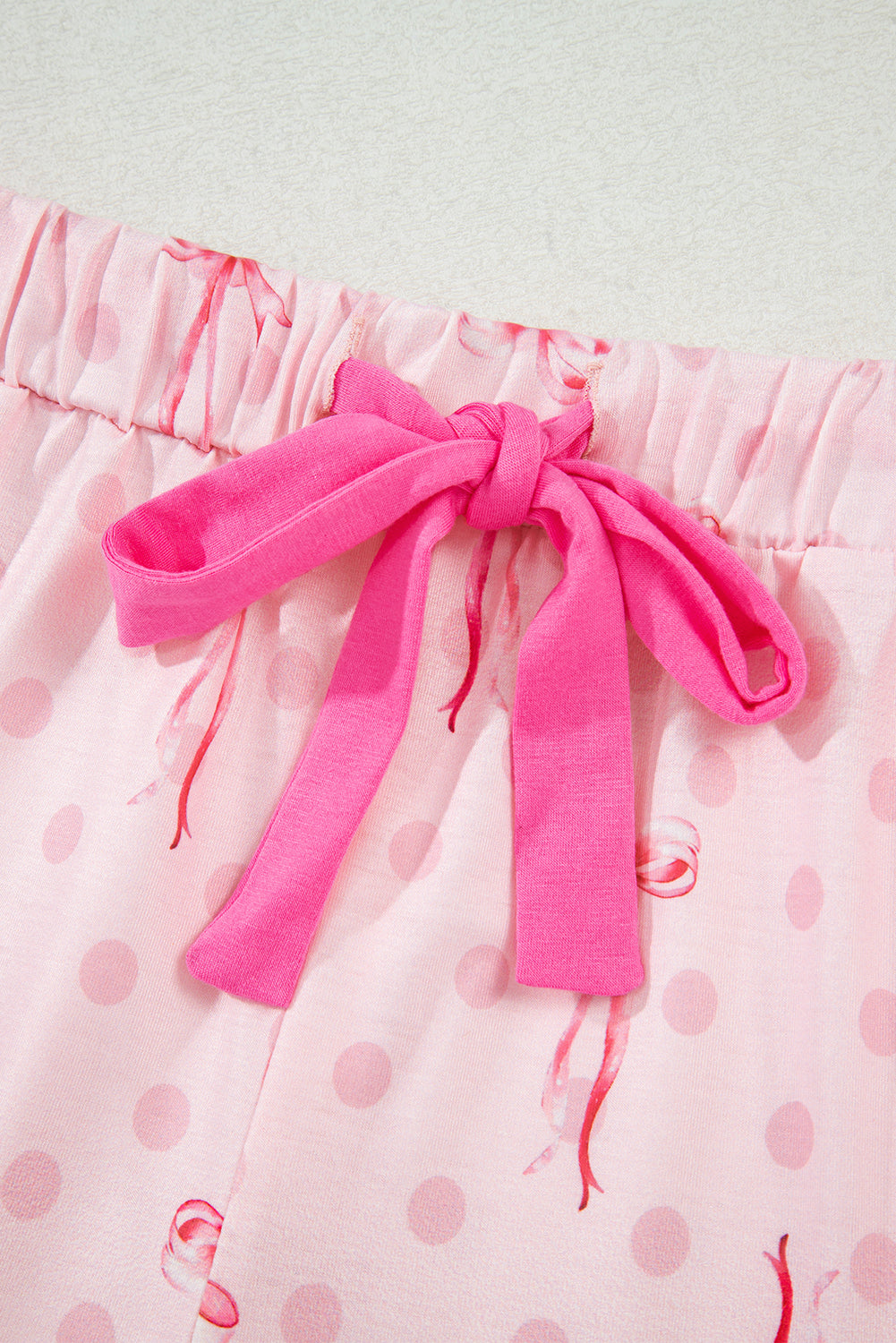 Pink Bow Print Contrast Piping Short Pajamas Set