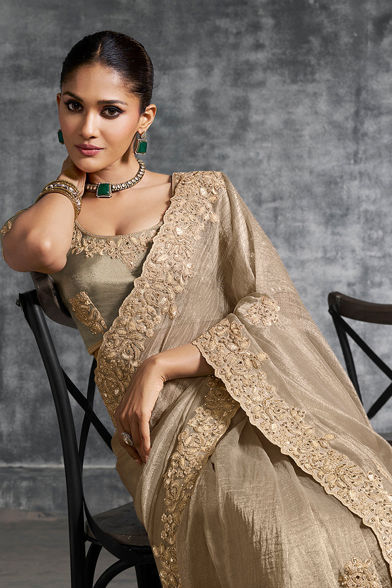 Monjolika Fashion Beige Tissue Traditional Saree with Embroidered, Resham and Thread Work for Ceremonial