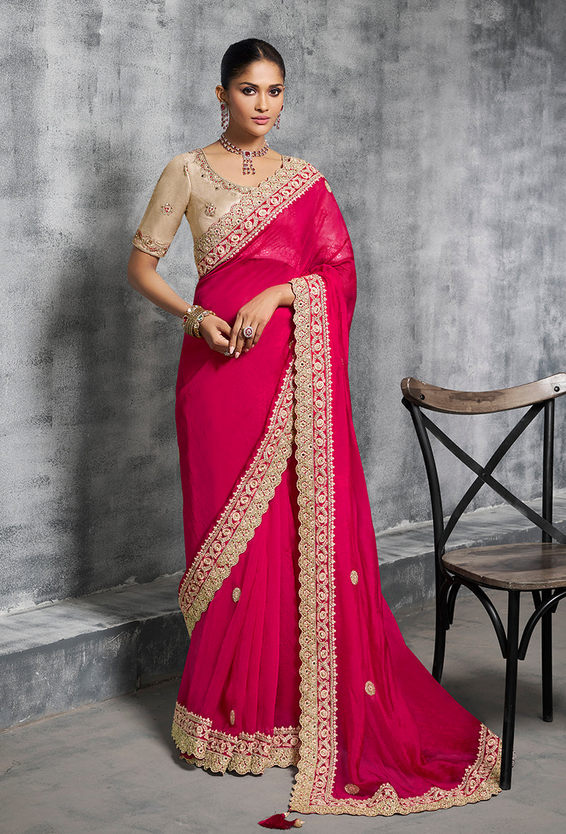 Hot pink Rangoli satin contemporary saree with intricate embroidery and lace border