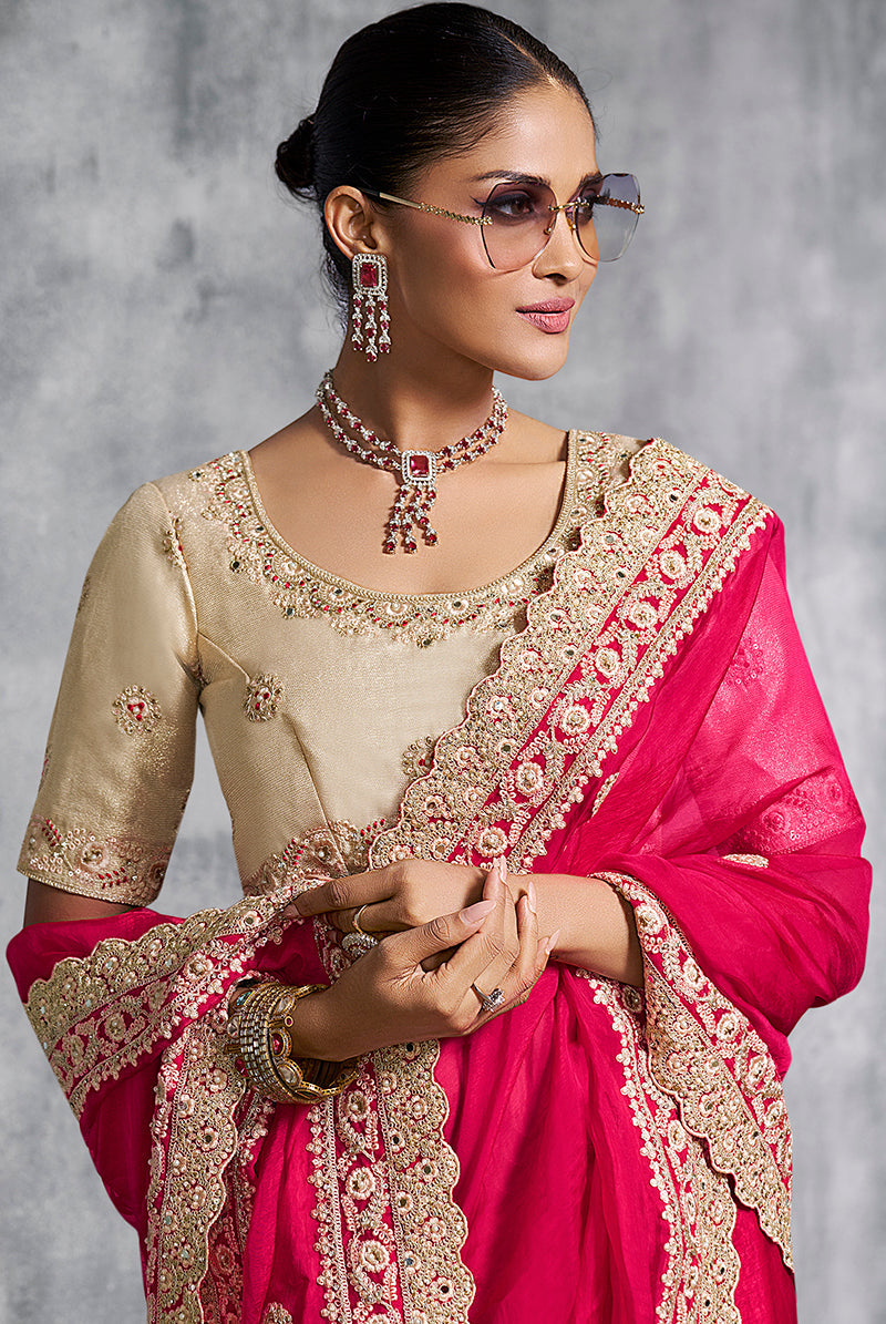Hot Pink Rangoli Satin Contemporary Saree with Lace and Embroidery