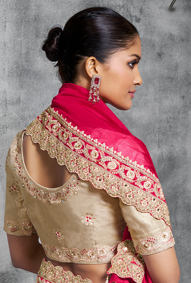 Hot Pink Rangoli Satin Contemporary Saree with Lace and Embroidery
