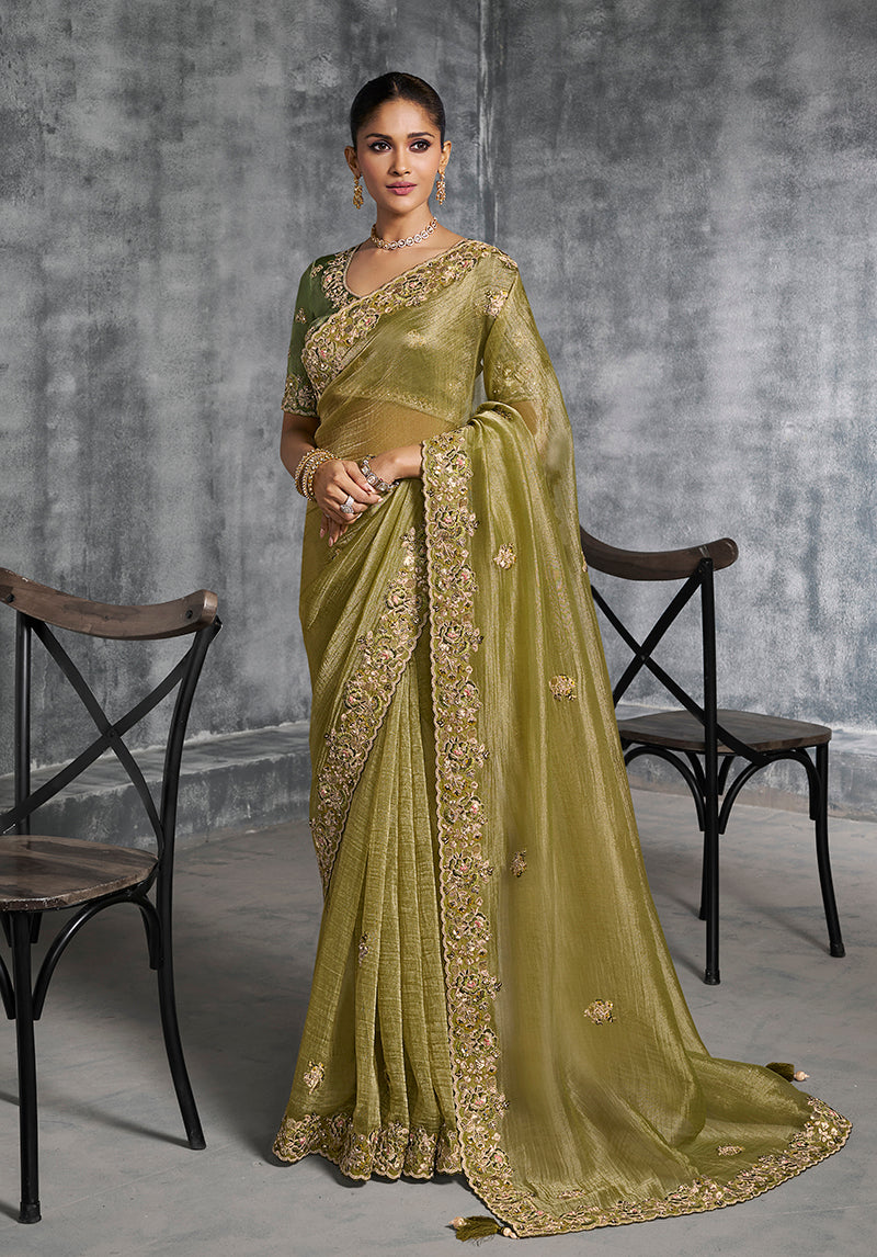 Olive green tissue traditional saree with detailed Resham and thread embroidery