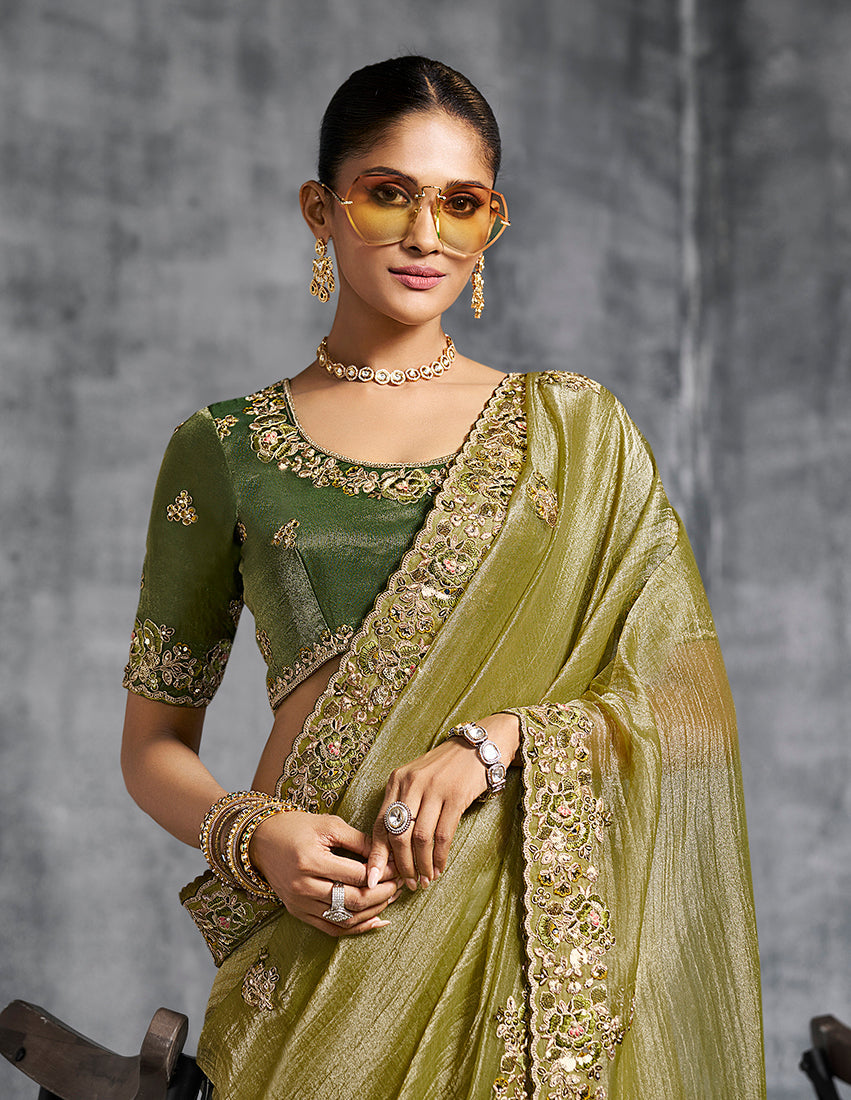 Olive Green Tissue Saree with Resham Embroidery & Thread Work