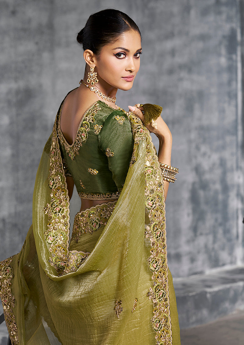 Olive Green Tissue Saree with Resham Embroidery & Thread Work