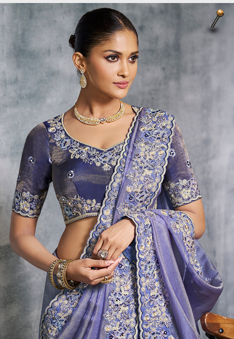 Lavender Tissue Traditional Saree with Embroidery