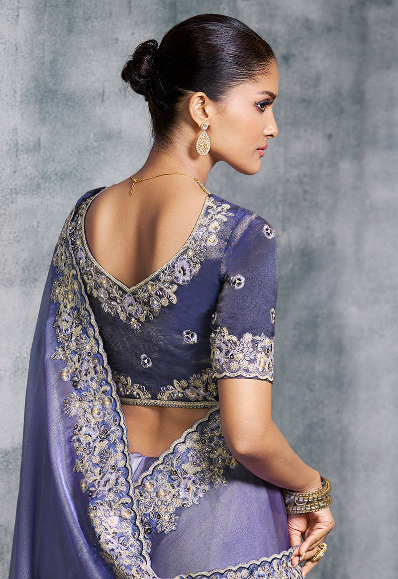 Lavender Tissue Traditional Saree with Embroidery