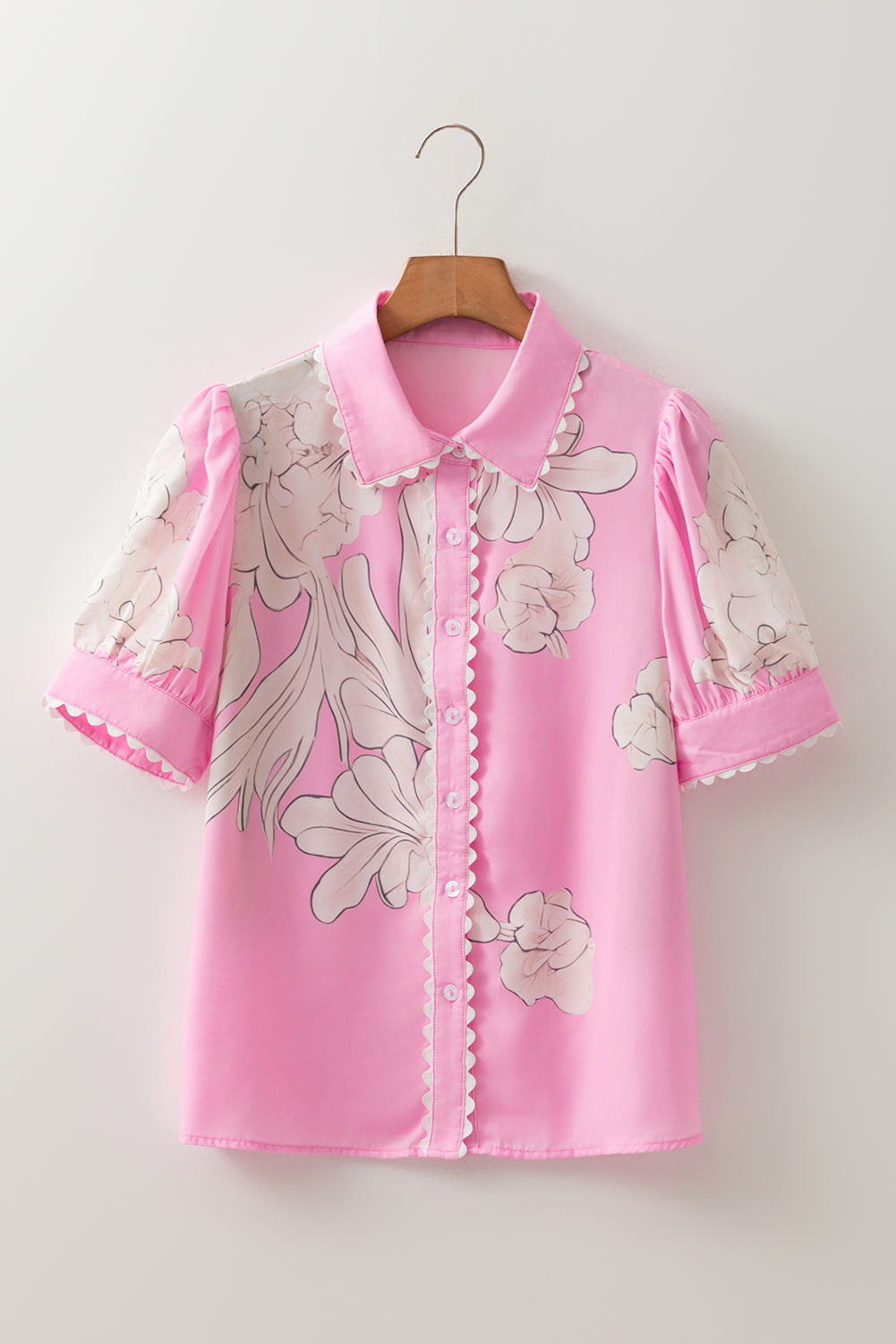 Floral Ric-Rac Edge Puff Sleeve Button-Up Shirt