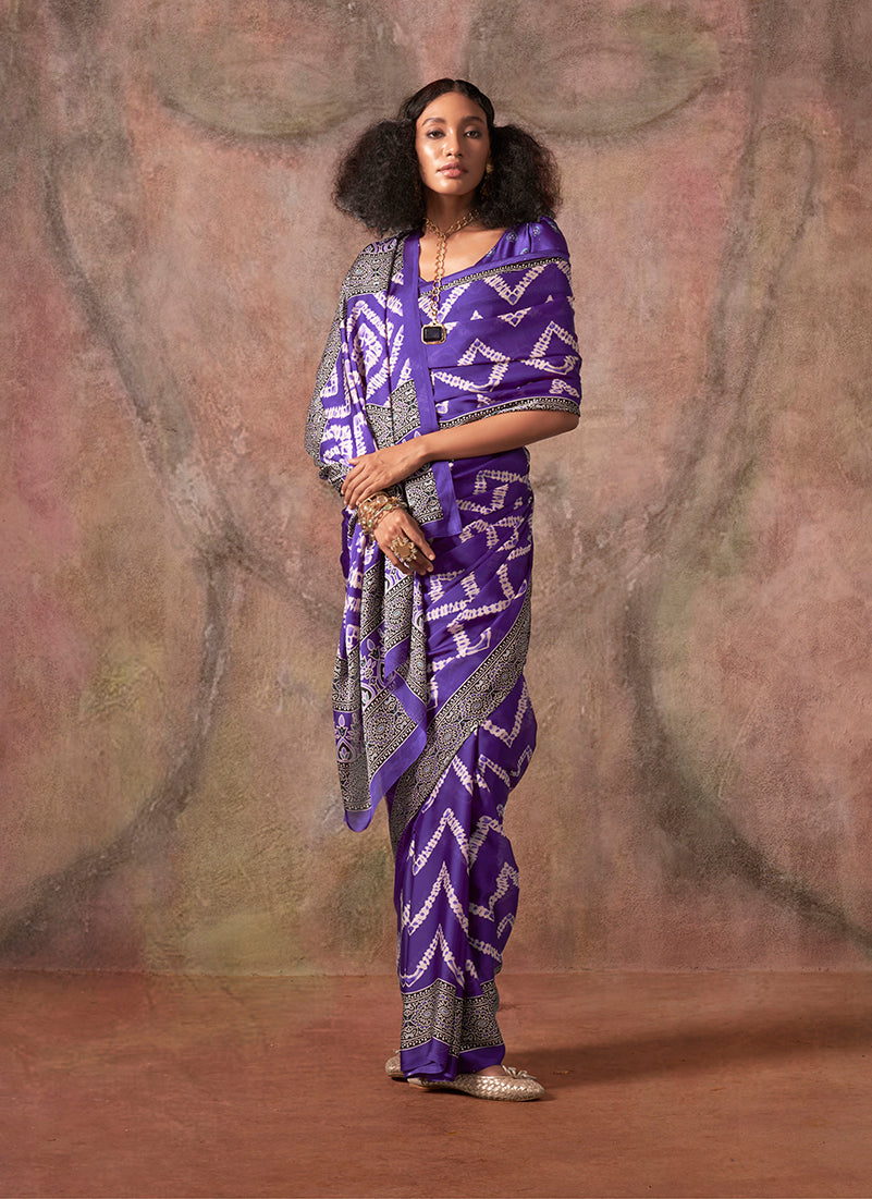 Monjolika Fashion Purple Color Ajrakh Print With Bandhej Pattern Satin Georgette Saree