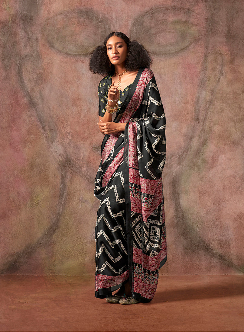 Monjolika Fashion Black Color Ajrakh Print With Bandhej Pattern Satin Georgette Saree