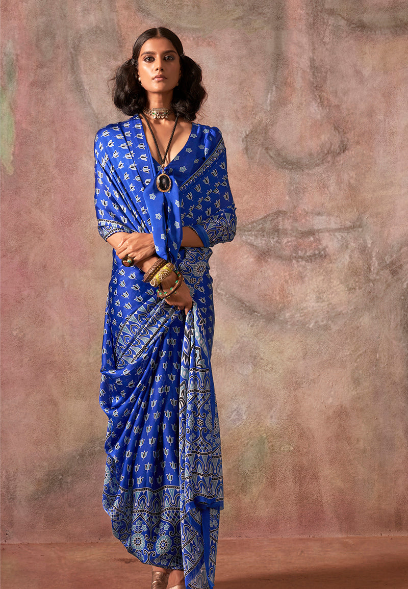 Blue Ajrakh Print Bandhej Satin Georgette Saree