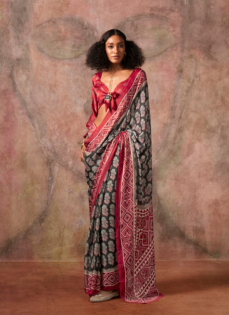 Black and red satin georgette saree with Ajrakh and Bandhej prints